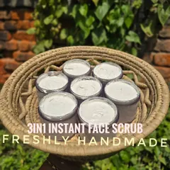 A basket full of my freshly made 3-in-1 Instant Face Scrubs. This is your go to product for a quick facial at home, helping to detoxify skin, remove tan, and give you an instant clear glow.
