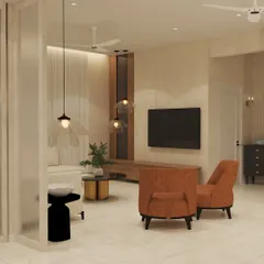 This angle of "The Beige House" shows the TV wall and the overall layout. The design maintains a cohesive beige and white theme throughout the open-plan living and dining area, creating a spacious and harmonious feel.