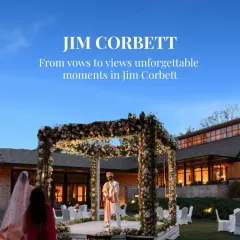 A breathtaking view of a wedding mandap in Jim Corbett, where vows are exchanged against the backdrop of the serene hills.