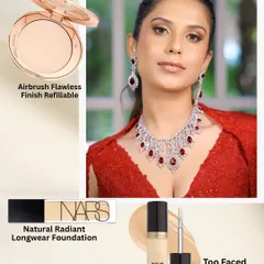 For a flawless base that lasts all night, product choice is key. This image breaks down the foundation of "The Cocktail Edit" look, featuring NARS foundation, Too Faced concealer, and Charlotte Tilbury finishing powder.
