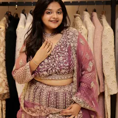 This mauve-pink lehenga is all about delicate details. The outfit is crafted from sheer net fabric with fine floral embroidery, giving it a dreamy and romantic feel perfect for a daytime wedding or engagement.