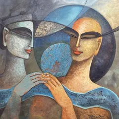 This is an example of my acrylic on canvas work, a handmade original painting measuring 30 by 30 inches. I focus on creating beautiful paintings that explore human connection and emotion through a modern, figurative style.