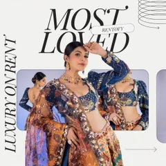 Most Loved. This graphic highlights one of our most popular luxury lehengas, available for rent.