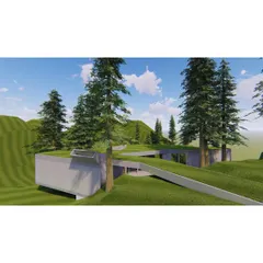 A rendering of a house with a green roof that merges into the hillside. This design minimizes the building's visual impact and uses the earth for natural insulation, a core principle of our sustainable design practice.