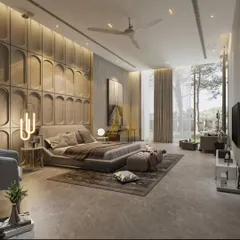 This is where minimalism meets indulgence. The bedroom features a stunning arched-panel feature wall, floor-to-ceiling windows, and a calm, neutral color scheme for a feeling of understated luxury.
