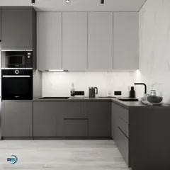This minimalist kitchen design uses a two-tone grey color scheme for a sleek, contemporary look. The handleless cabinets and integrated appliances create a seamless finish, while the marble-patterned backsplash adds a touch of elegance.