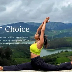 The choice is yours: the pain of discipline or the pain of regret. Here I am in Hanumanasana (Monkey Pose) in a beautiful natural setting, a reminder that dedication to our practice brings freedom.