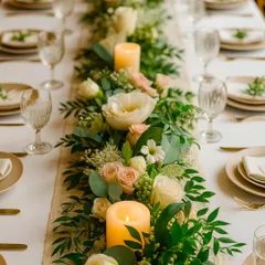 We also provide green styling for events. This beautiful tablescape features a lush runner of eucalyptus, roses, and other foliage, with candles interspersed to create a romantic and elegant ambiance.