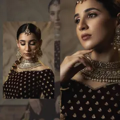 A creative collage featuring multiple angles of a bridal look. This format showcases the model's expressions and jewellery details, offering a comprehensive view for a fashion lookbook.