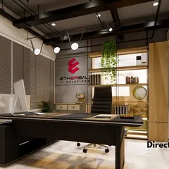 The Director's Cabin at Ethereal IT Solutions. This space was designed to be both commanding and functional, with a sleek desk, ample storage, and a balance of industrial and natural elements.