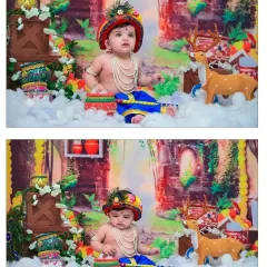 Two portraits of baby Krishna in a divine setting with deer props. One shot is thoughtful, the other serene, capturing the different facets of the beloved deity.