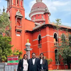 The Nyaypratham Legal team outside the striking red building of the Madras High Court. Our collective effort was instrumental in handling this high-stakes commercial case.