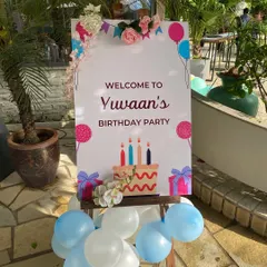 A personalized welcome sign for a birthday party held at a public venue.