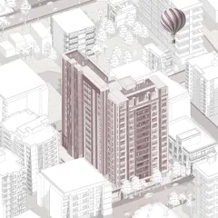 This render shows the redevelopment of Needlhara CHS, where we adapted the design to the context of its surroundings. The mauve color palette is inspired by the earthy tones of the neighboring temple complex and the bustling street life.