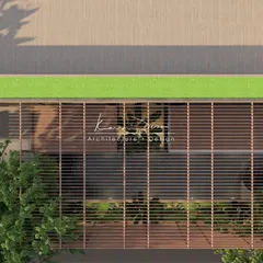 This top-down view shows how the building's footprint integrates green spaces. The linear wooden slats of the pergola contrast with the soft, lush lawn on the rooftop, creating a geometric yet organic design.