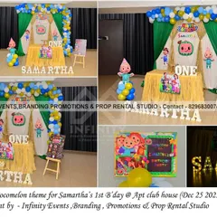 A simple and sweet Cocomelon theme for Samartha's first birthday. This setup includes a character backdrop, a small balloon garland, and light-up letters, perfect for a cozy celebration at an apartment clubhouse.