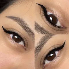 Want a look that gives you a sharp, eyeliner effect? The L-Style lash is your answer. This collage shows the unique straight base and sharp upward curl that lifts the eyes, making them perfect for clients with hooded lids or those who want a bold, defined lash line.