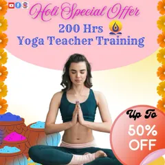 A festive graphic announcing our Holi special offer, with up to 50% off the 200-hour Yoga Teacher Training course for a limited time.