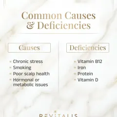 The common causes of premature greying include chronic stress and poor scalp health. Key nutritional deficiencies I often test for are Vitamin B12, Iron, Protein, and Vitamin D.