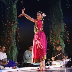 A moment from "Ṛtú Vismruti" at the Dristi National Dance Festival. Here, a student performs with the live orchestra, showcasing the seamless integration of dance and music that is central to our productions.