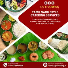Experience the vibrant flavors of Tamil Nadu with our catering services. This collage displays various components of a traditional meal, from sambar and rasam to vada and pickles, showcasing a complete culinary experience.