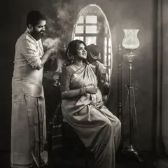 The black and white version of a studio portrait, this image highlights the dramatic pose and emotional bond between the couple, with artistic smoke adding to the atmosphere.