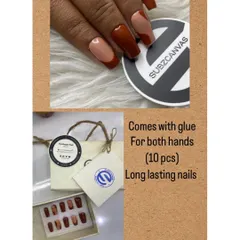 This is what you get with every order: a full set of 10 handmade, long-lasting press-on nails, application glue, and my signature Subzcanvas packaging. This set shows a modern French tip design in a rich brown.