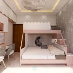 Another view of the pink-themed kids' room, showing the bunk bed with a moon-shaped cutout and a well-organized study area.