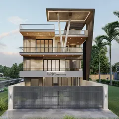 This is a 3D render of a mixed-use building we designed, featuring a healthcare center on the ground floor and a residence above. The design focuses on minimalist architecture with clean geometric forms, large glass windows, and an interplay of wood and concrete textures.