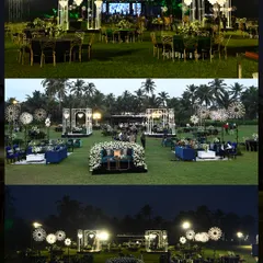 An overview of the grand Sangeet layout on the lawns of ITC Grand Goa. The space was dotted with elegant seating lounges and illuminated structures, creating a magical, open-air ballroom.