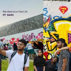 A collage capturing the vibe of the Rendezvous Fest '24 workshop. On the left, you see students taking selfies with the mural in progress, and on the right, a close-up of the vibrant, finished artwork. It’s about the experience as much as the art.