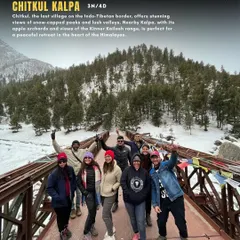 A happy group on a bridge in Chitkul, the last village on the Indo-Tibetan border. This 3-night, 4-day trip offers stunning views of snow-capped peaks and the Kinnaur Kailash range.