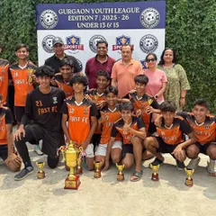 The victorious U15 squad with coaches and family after winning the Gurgaon Youth League. We played 8, won 8, and conceded only 1 goal all tournament.