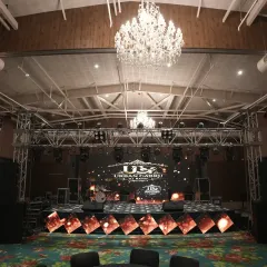 The main stage setup for the 'Urban Gabru' band performance at a Sangeet. We provide complete artist management and technical production, including LED backdrops, lighting rigs, and professional sound systems.