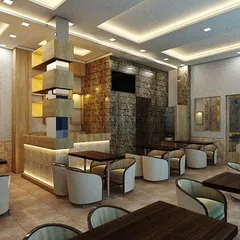 This 3D render visualizes a chic and modern cafe interior. The design incorporates a mix of materials like stone and wood, with varied seating arrangements and layered lighting to create a cozy yet sophisticated atmosphere.