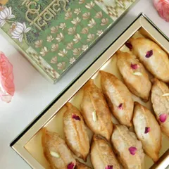 A box of my Nutty Gujiya, ready for Diwali. Each one is handcrafted, filled, and fried to golden perfection, making it a truly special festive treat based on my mom's recipe.