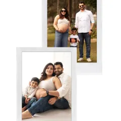 Two beautiful family portraits in one. This shows a loving indoor family hug and a proud outdoor family pose, both featuring the big-brother-to-be.