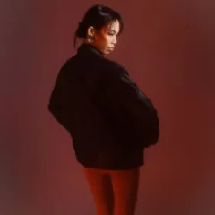 A moody shot for a fashion editorial. The makeup is minimal with a pop of red blush, paired with a sleek, wet-look bun to create an edgy, modern vibe.