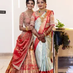 Grace in every detail for this mother-daughter duo at their housewarming ceremony. I created soft, elegant looks for both, ensuring they looked coordinated and beautiful.