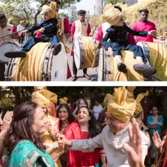 The whole family joins the celebration. This collage shows kids enjoying the dhol and the parents of the couple dancing together in the procession.