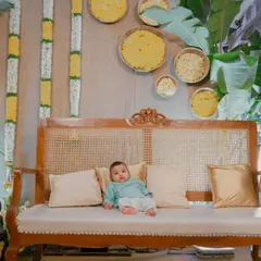 Welcoming a little one into a world of new tastes and traditions. For this Annaprashan, we used earthy elements like cane, jute, and marigolds to create a warm, serene atmosphere for the baby's first meal.