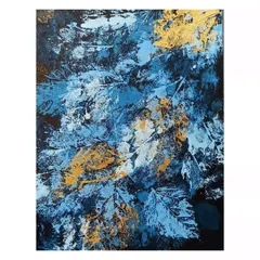 An abstract piece made using leaf printmaking on canvas. I used shades of blue with gold accents to create a rich, textured artwork inspired by nature.