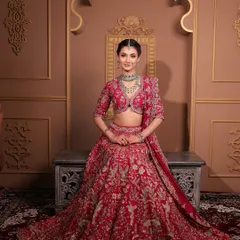 A full-length view of a bride looking absolutely regal in her red Jayanti Reddy lehenga. The makeup is designed to be flawless from every angle, ensuring she looks and feels like royalty on her big day.