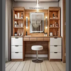 A beautifully symmetric dressing table setup with a large, LED-backlit mirror. The unit is flanked by two storage towers with open shelving and drawers, providing ample space for cosmetics and accessories.