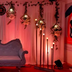 A close-up shot of a wedding reception stage, focusing on the warm lighting and floral details. Capturing the ambiance is key to event photography.