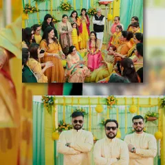 This collage shows the full scope of a Haldi ceremony. It features group photos with family and the groomsmen, showcasing the festive atmosphere and coordinated outfits.