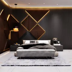 A masterclass in mood and geometry, this bedroom design uses a dark color palette to create an intimate and cozy atmosphere. The custom headboard wall features backlit geometric wood panels, providing both texture and soft, ambient light.