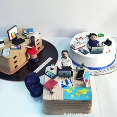 Three unique cakes for three different bosses. Each cake is personalized to reflect their work desk and personality, making for a memorable corporate gift.