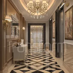 A grand entrance designed to deliver a timeless first impression. The hallway exudes elegance with its bold black and beige geometric marble flooring, warm wooden paneling, and a statement gold chandelier that casts a soft, welcoming glow.