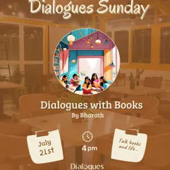 An artistic flyer for our "Dialogues with Books" meetup, inviting you to talk about books and life.